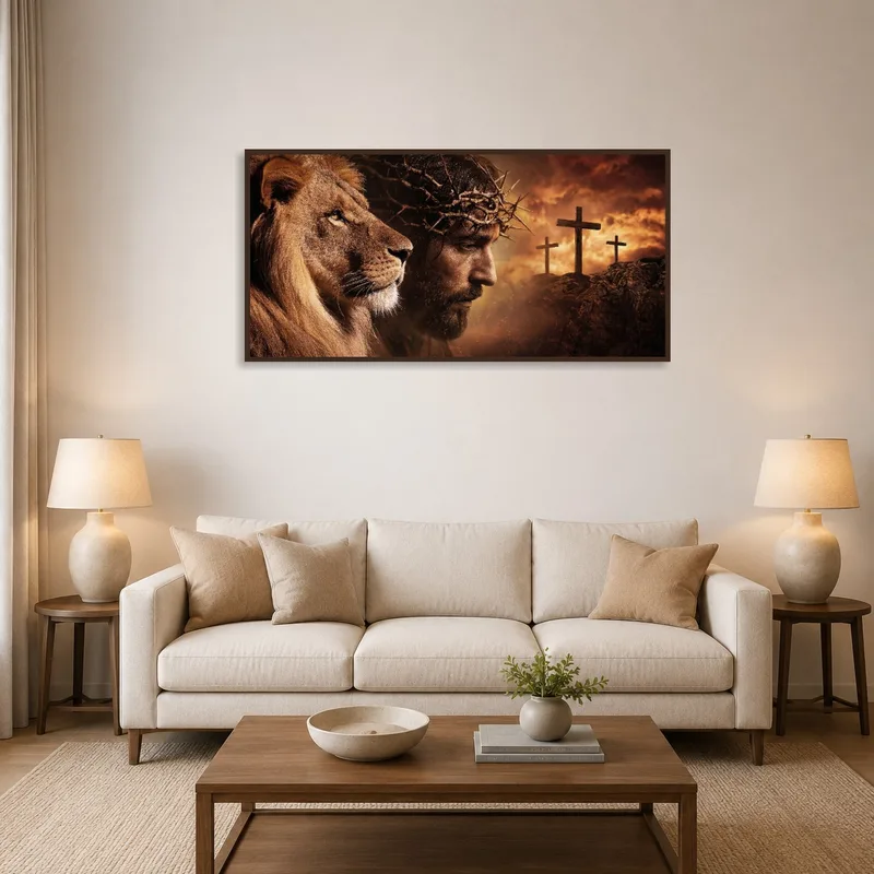 Lion and Cross artwork displayed above a modern sofa in a cozy living room.