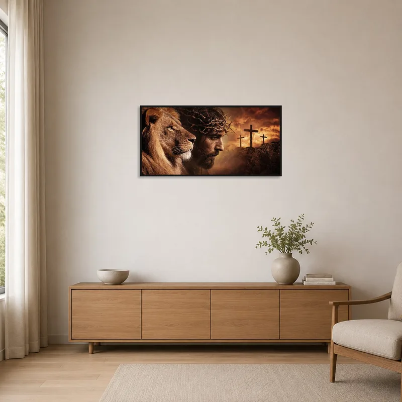 Lion and Cross artwork adding interest to a stark, minimalist space.