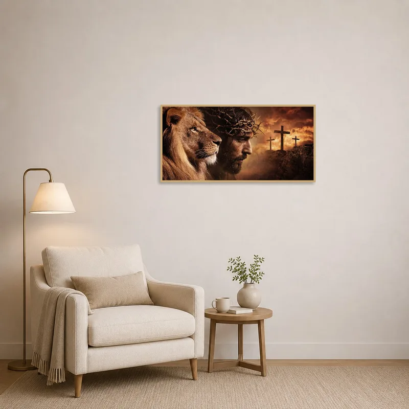 Lion and Cross artwork providing a focal point in a serene reading corner.