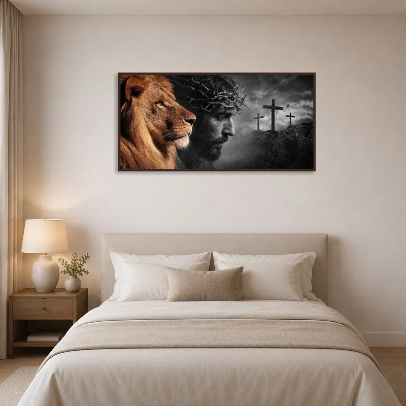 Lion and Crown of Thorns artwork brings serenity and strength to the bedroom wall.