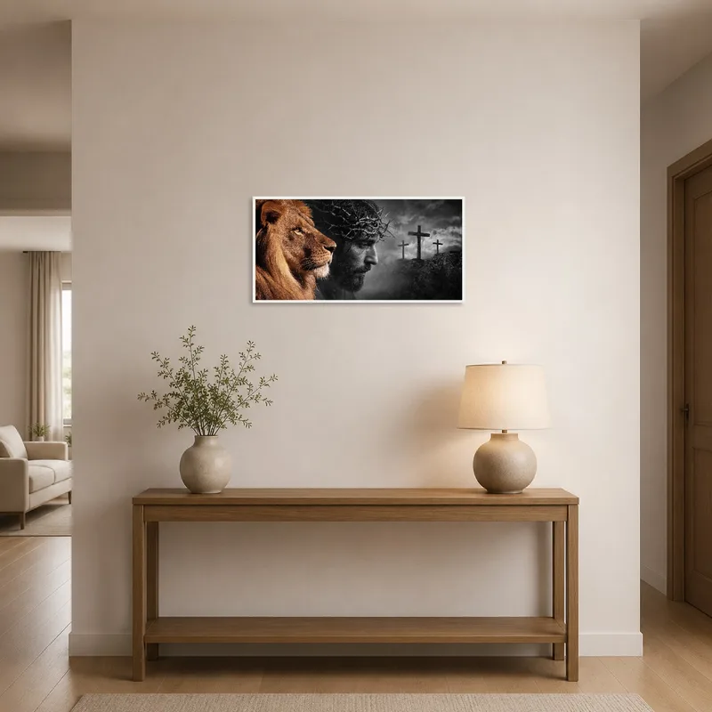 Lion and Crown of Thorns artwork greets visitors in the entrance hall with its regal presence.