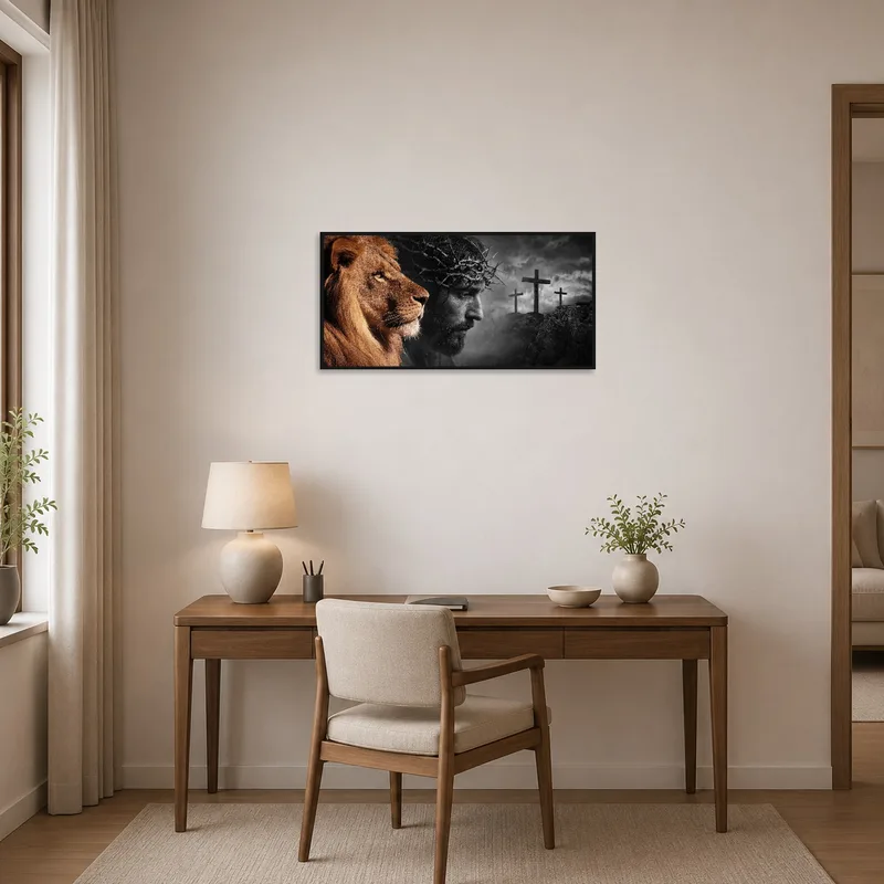 Lion and Crown of Thorns artwork commands attention in the home office setting.