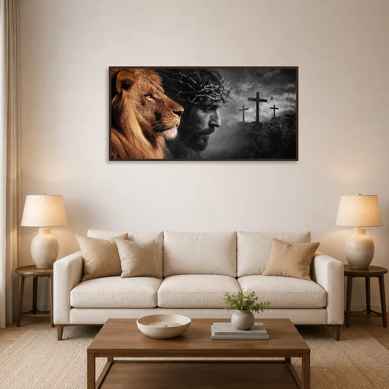Lion and Crown of Thorns artwork adds majesty in the living room above a sofa.