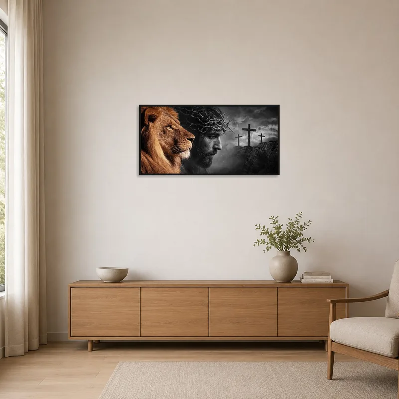 Lion and Crown of Thorns artwork stands out in a minimalist room with clean lines.