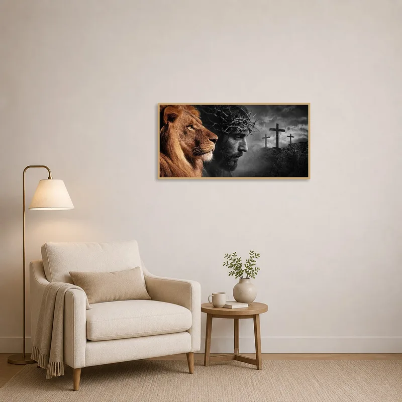 Lion and Crown of Thorns artwork inspires reflection in a cozy reading corner.