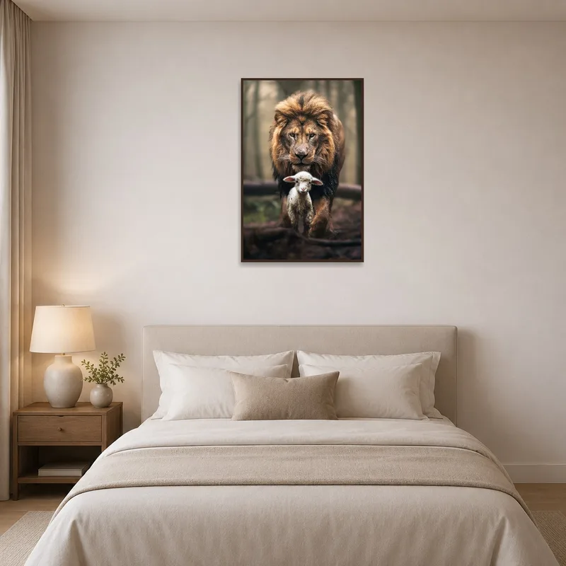 Lion and Lamb portrait creating calm above a bed.