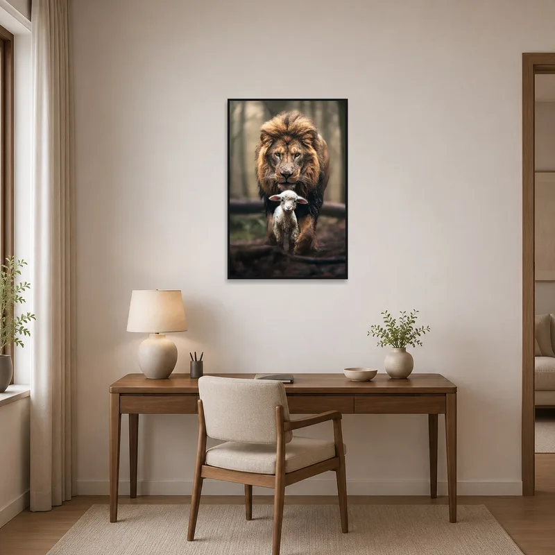 Lion and Lamb portrait inspiring in a neat office space.