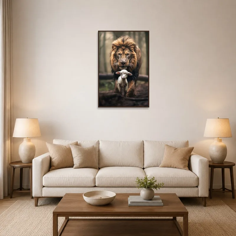 Lion and Lamb portrait above a cozy living room sofa.