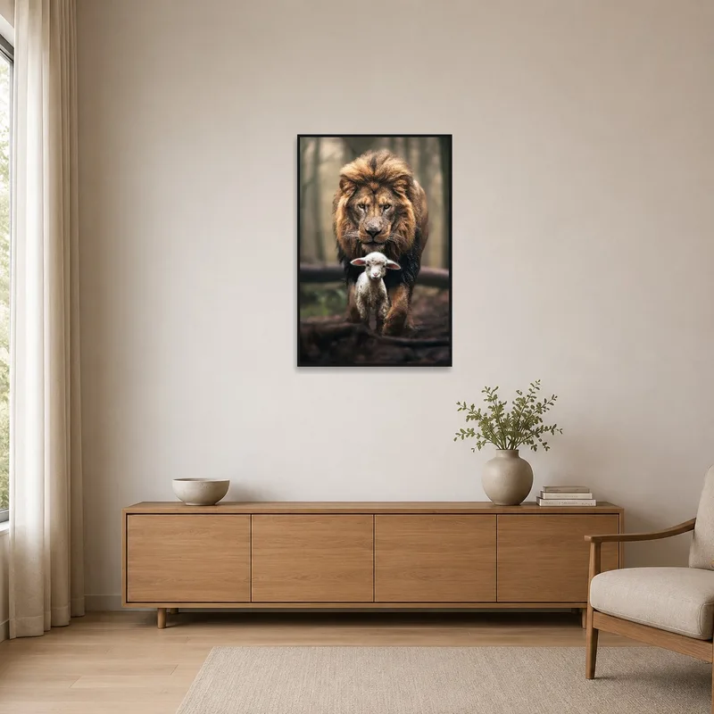 Lion and Lamb portrait on a stark, simple wall.