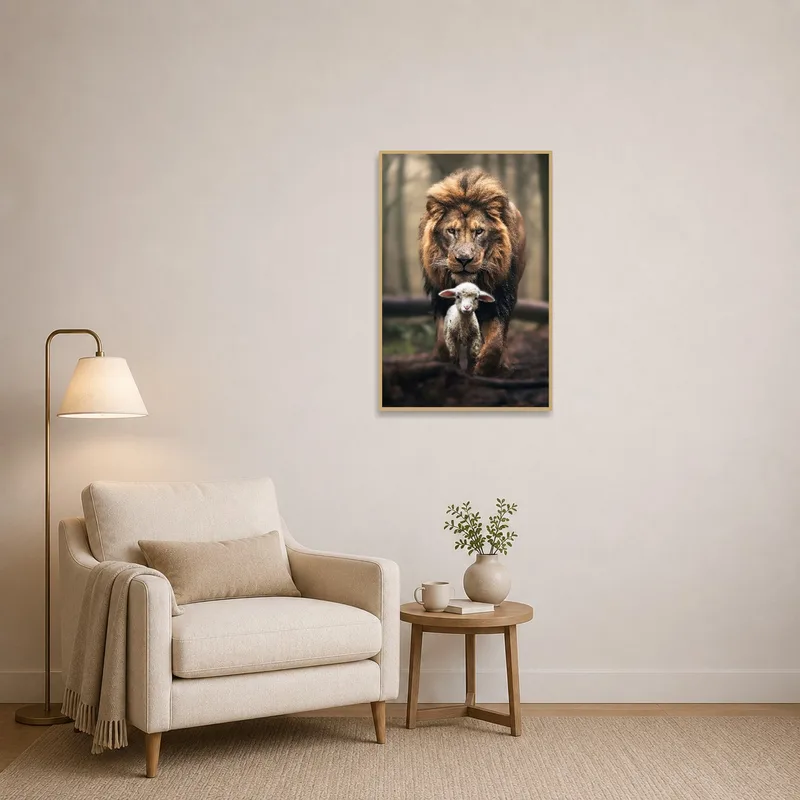 Lion and Lamb portrait beside a comfy reading chair.