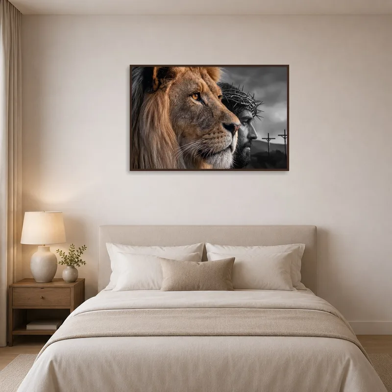 Lion and Savior portrait creating calming vibes in a serene bedroom.