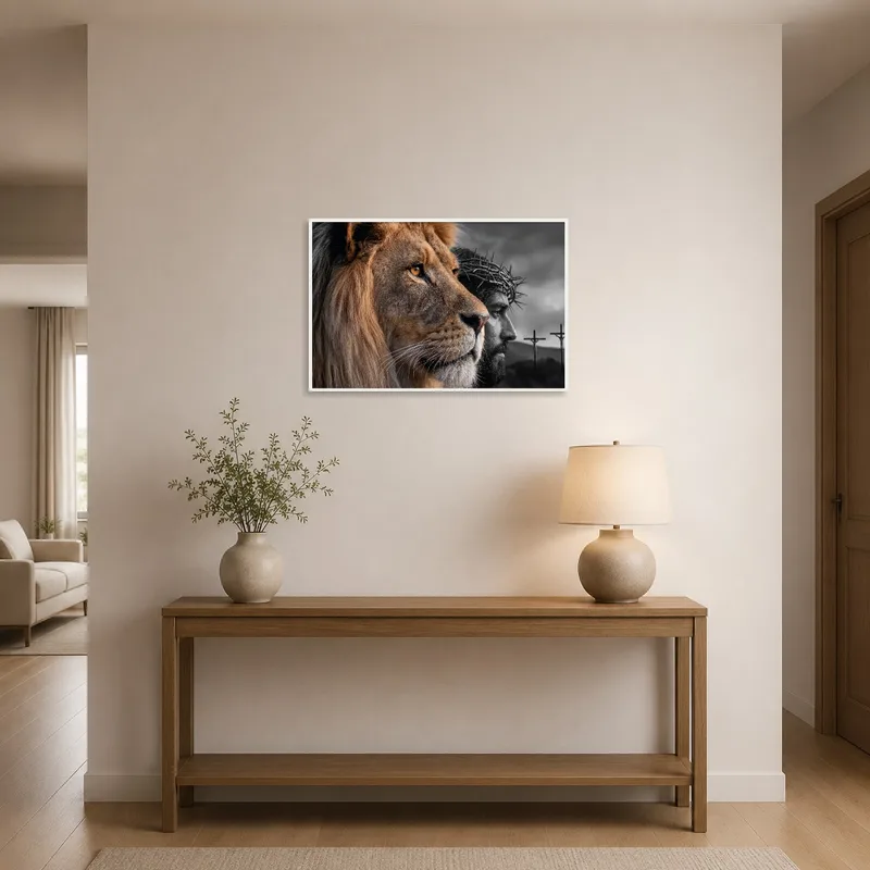 Lion and Savior portrait welcoming guests in the entrance hall.