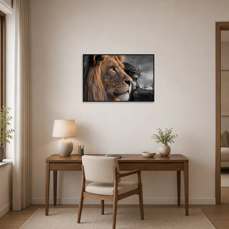 Lion and Savior artwork inspiring creativity in a stylish home office.