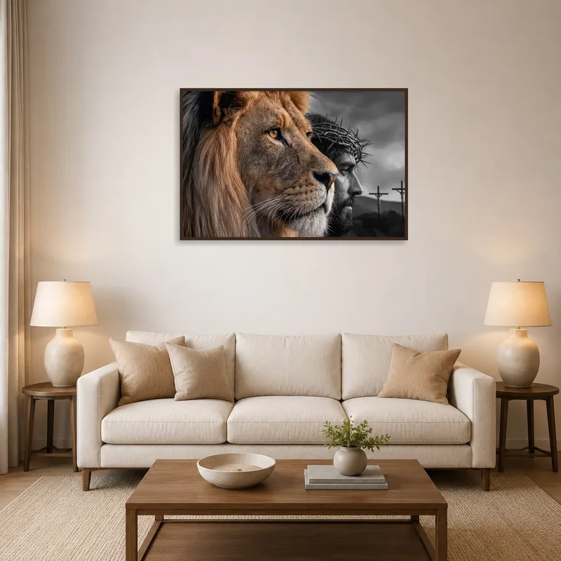Lion and Savior artwork hanging above a modern sofa in the living room.