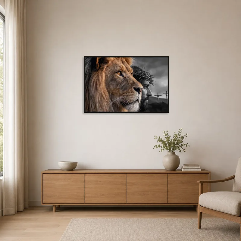 Lion and Savior artwork showcased in a minimalist space with simple furnishings.