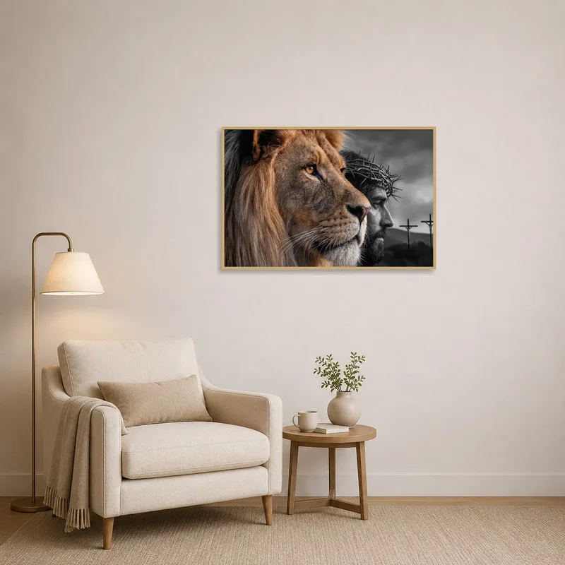 Lion and Savior artwork enhancing a cozy reading nook with books.
