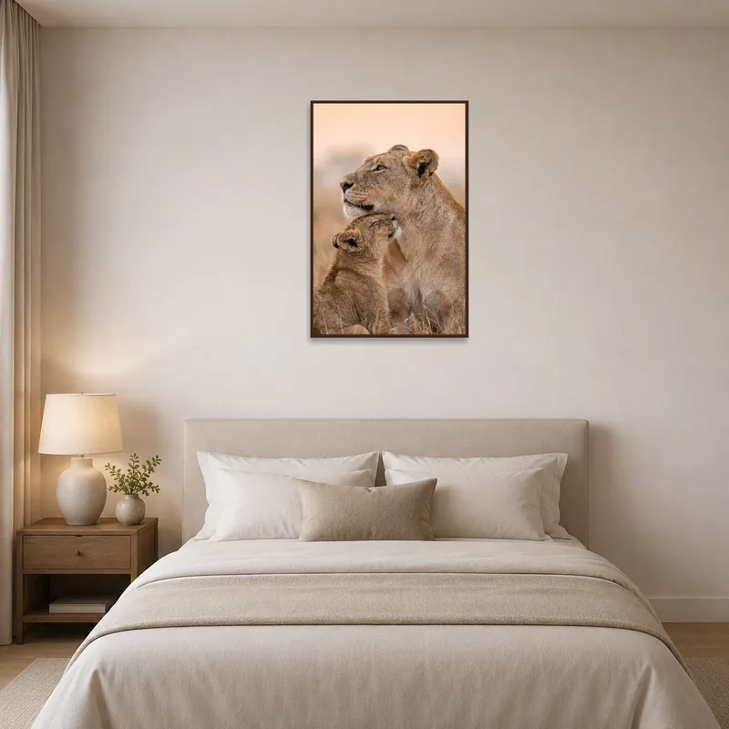 Artwork of lioness and cub brings serenity to the bedroom, fostering a peaceful ambiance.
