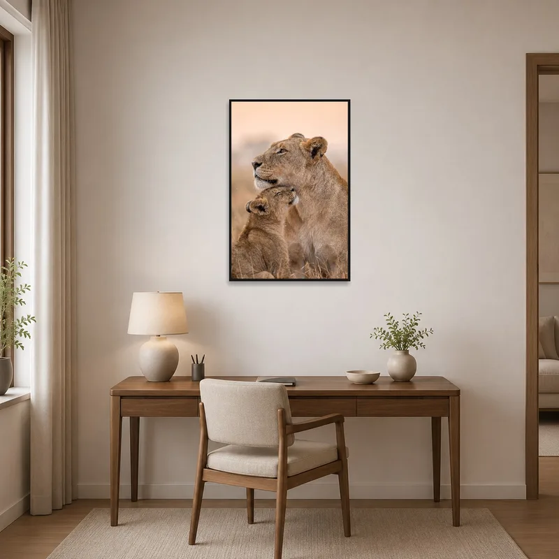 Lioness and cub artwork in the home office exudes calmness, boosting a peaceful work environment.