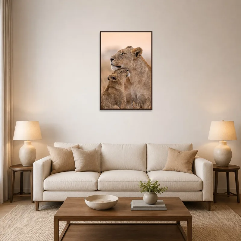 Lioness and cub artwork adorns the living room wall, adding a serene touch to the space.