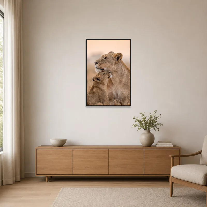 Lioness and cub depicted in minimalistic setting, enhancing serene and simplistic surroundings.