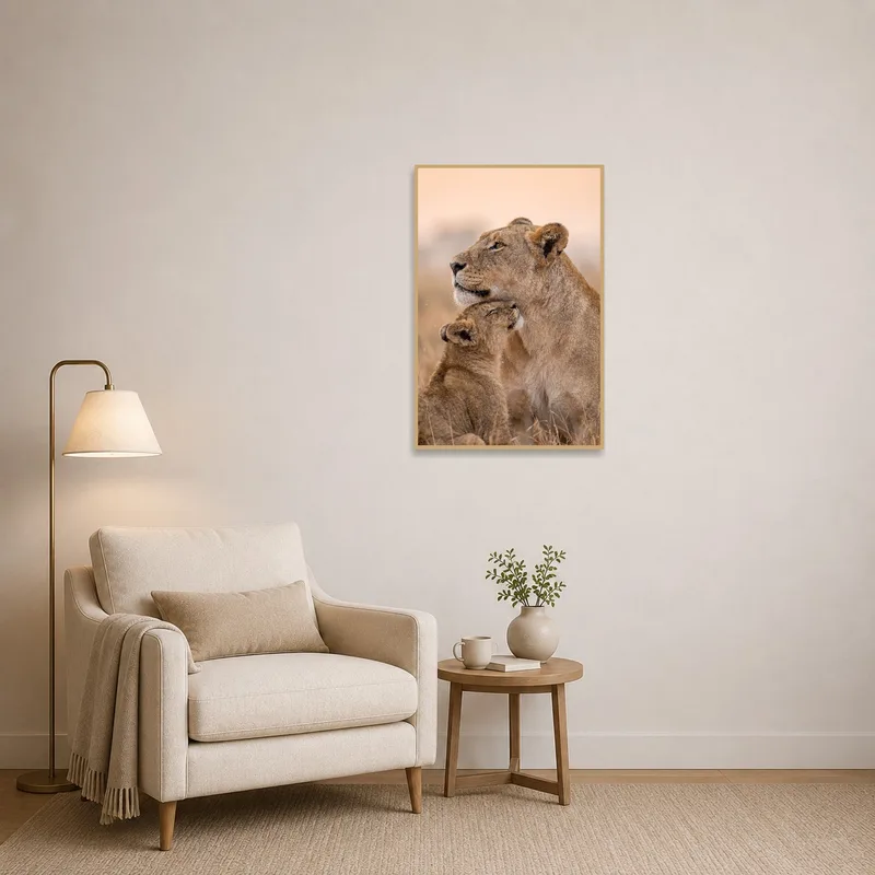 In the reading corner, a serene scene of a lioness and cub inspires tranquility and focus.
