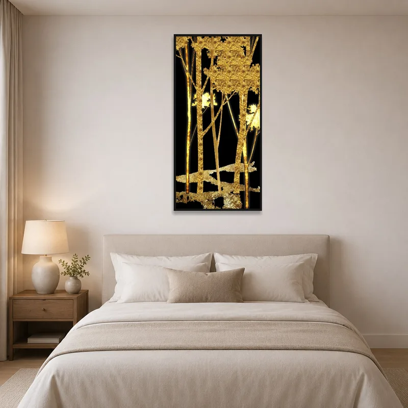 Tranquil bedroom with gold trees artwork creating a serene atmosphere.