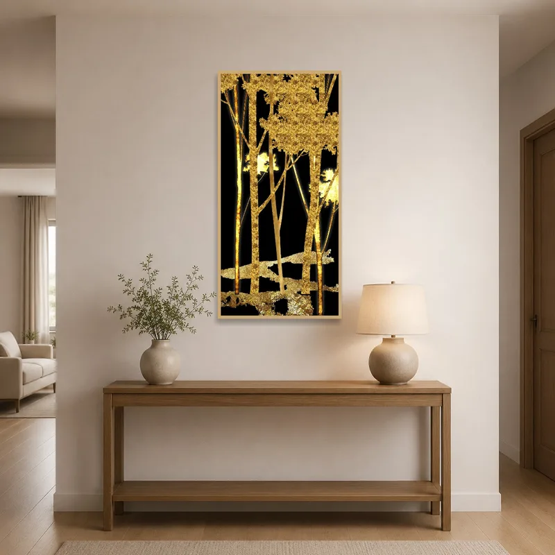 Gold tree artwork greets with sophistication in the entrance hall.