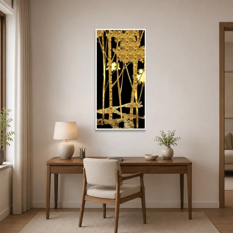 Gold trees artwork infusing a touch of creativity in the home office space.