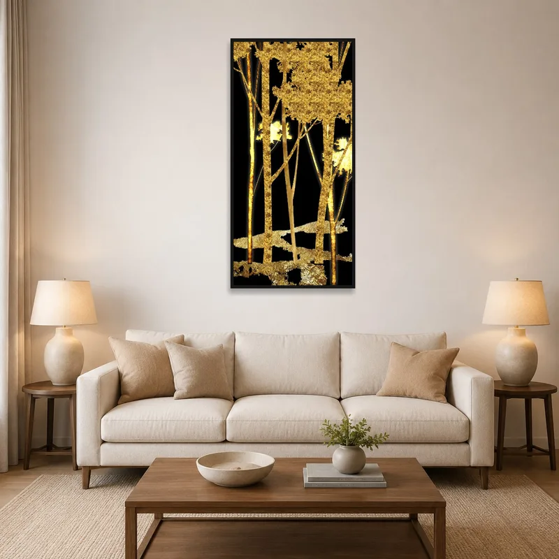 Luminous gold trees artwork adding elegance above the sofa in a living room setting.