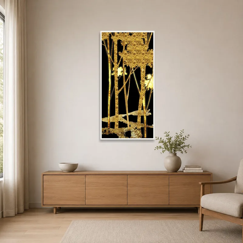 Simple room with gold tree artwork on dark canvas, emphasizing a minimalist aesthetic.