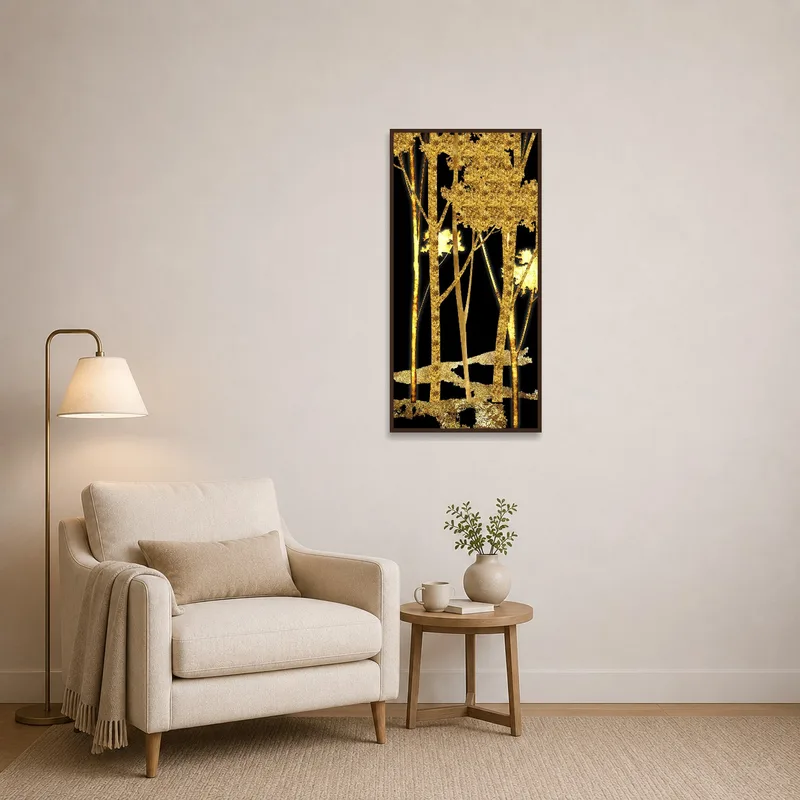Artwork of gold trees provides inspiration and charm in a cozy reading corner.