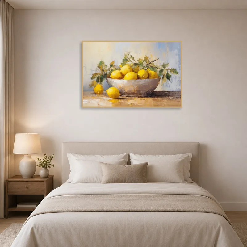 A bedroom wall adorned with a luminous lemons artwork.