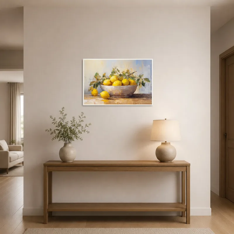 A welcoming entrance with a striking lemons print.