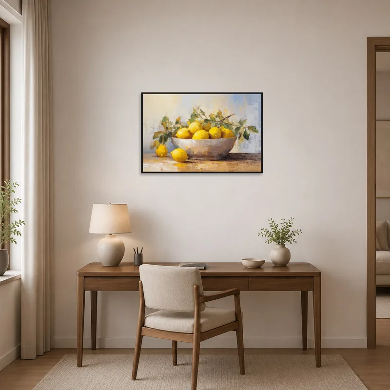 An inspiring home office with a cheerful lemons still life.