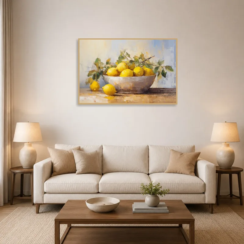 A vibrant lemons print brightens up a cozy living room wall.