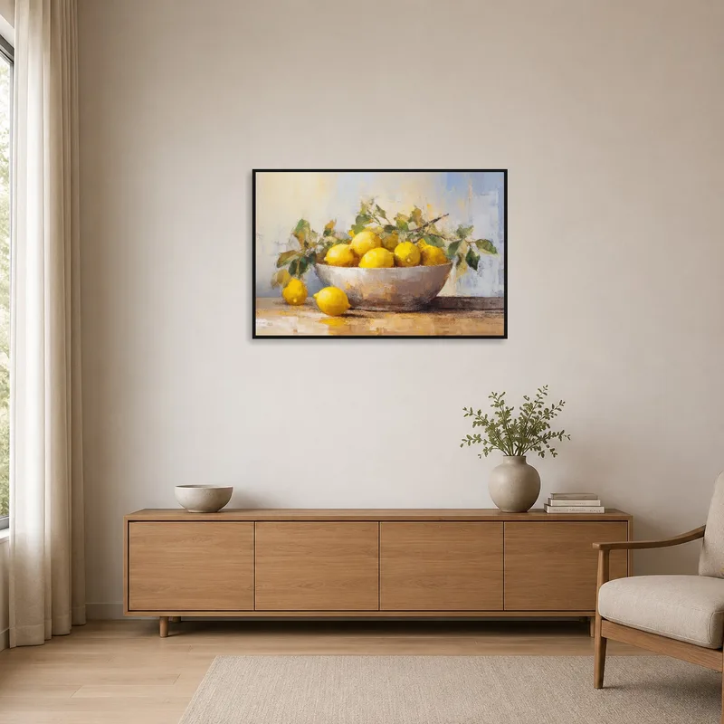 Minimalist decor enhanced by a subtle lemons still life print.