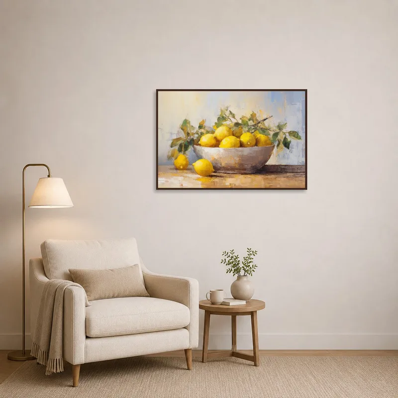 A serene reading corner featuring an artful lemons piece.