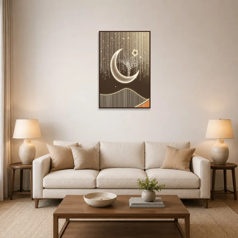 Lunar Dreamscape artwork in a cozy living-room, enhancing celestial vibes.