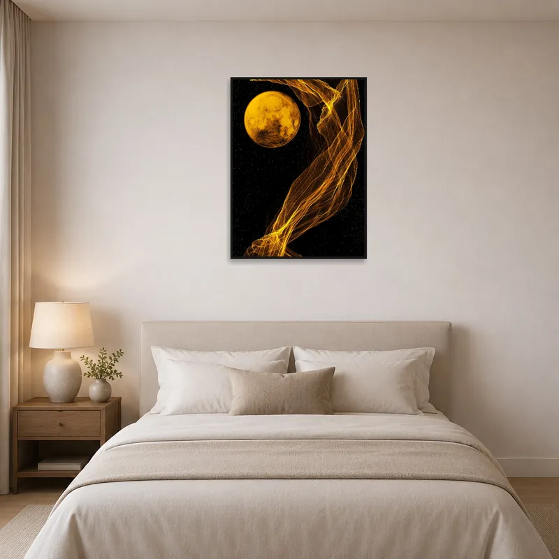Abstract yellow moon art adding warmth to a calm bedroom space.
