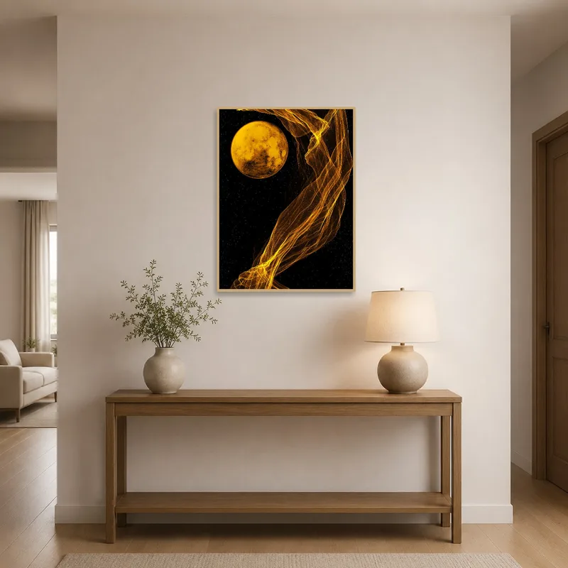 Bright lunar art greeting visitors in a welcoming entrance hall.