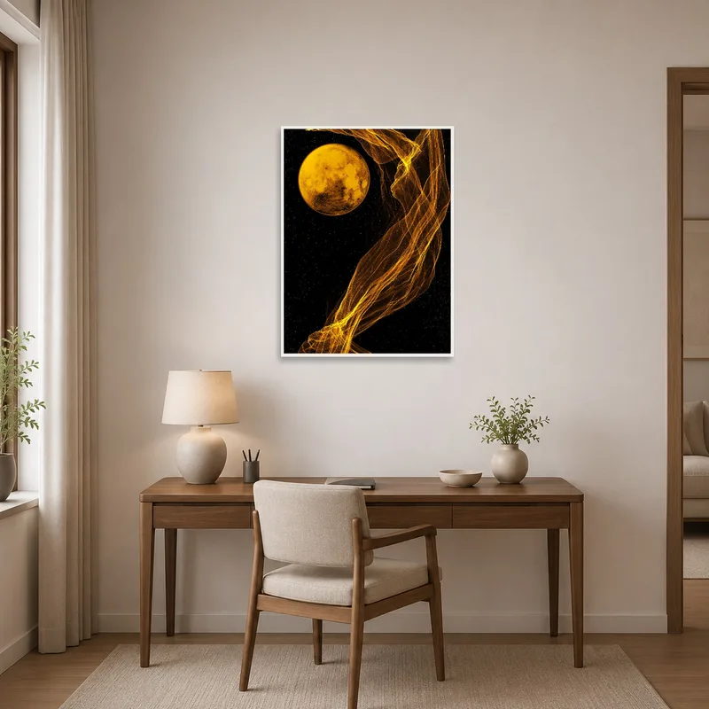 Home office enhanced by a thought-provoking celestial art piece.