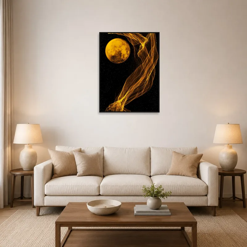 Abstract yellow celestial art on living room wall with cozy sofas.