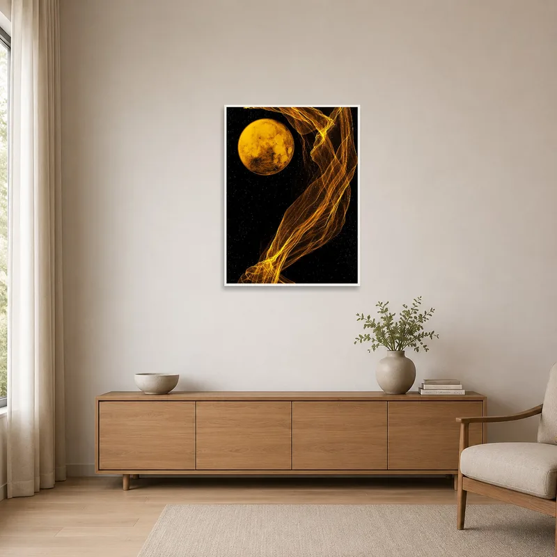 Minimalist setting with celestial artwork on a clean white wall.