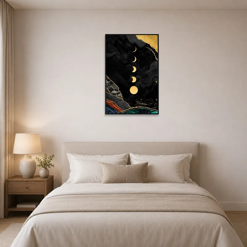Lunar phase marble artwork brings a serene touch to a bedroom environment.