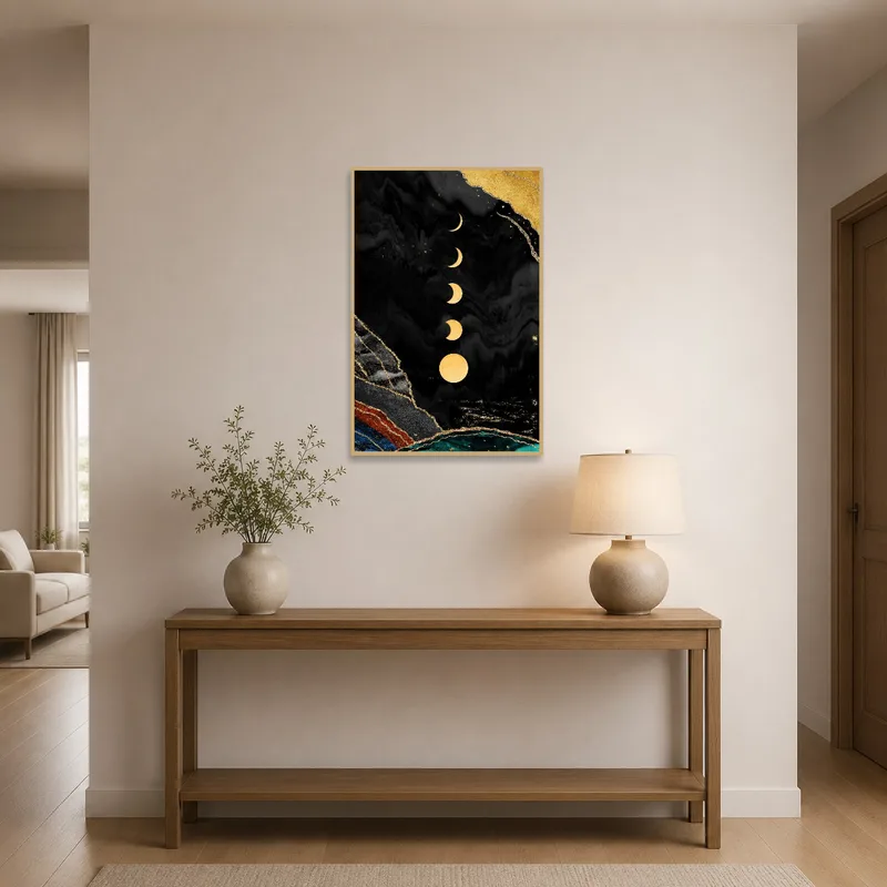 A striking lunar phases design on marble greets guests in an elegant entrance hall.