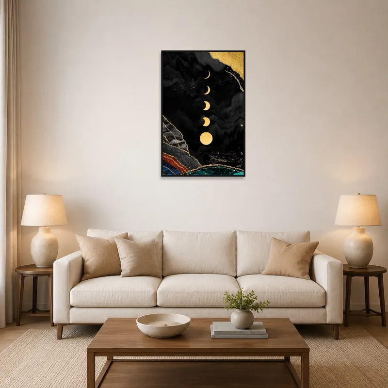An abstract art piece showing lunar phases on a marble background hanging in a cozy living room.