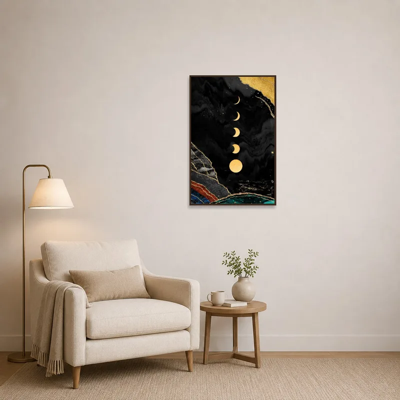 An abstract marble artwork depicting moon phases complements a peaceful reading corner.