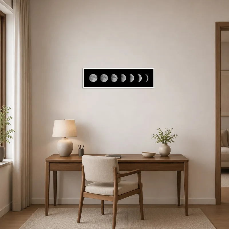 Elegant home office featuring a panoramic art print of lunar phases.