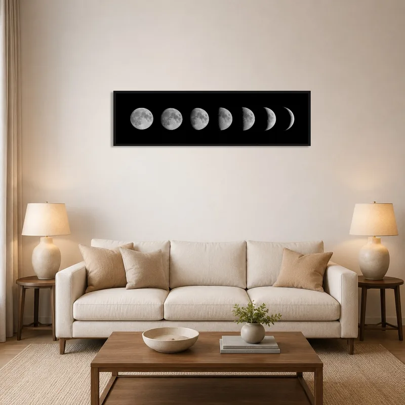 Panoramic print of lunar phases above a modern sofa in a cozy living room.