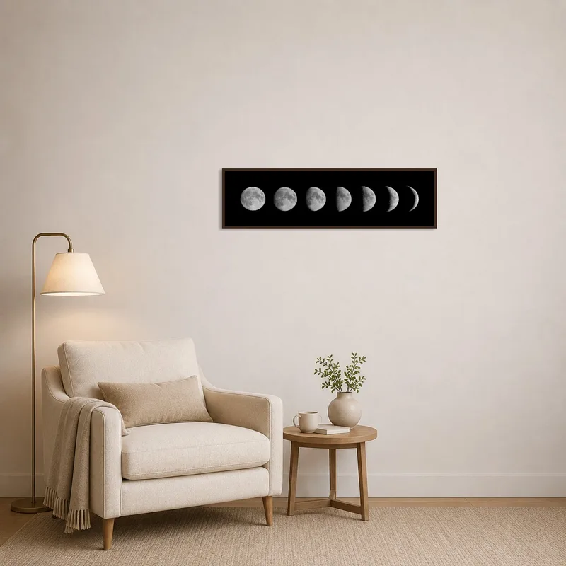 Lunar phases art print bringing tranquility to a quiet reading nook.